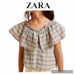 Zara kids plaid bib ruffled top size 8 pink green yellow